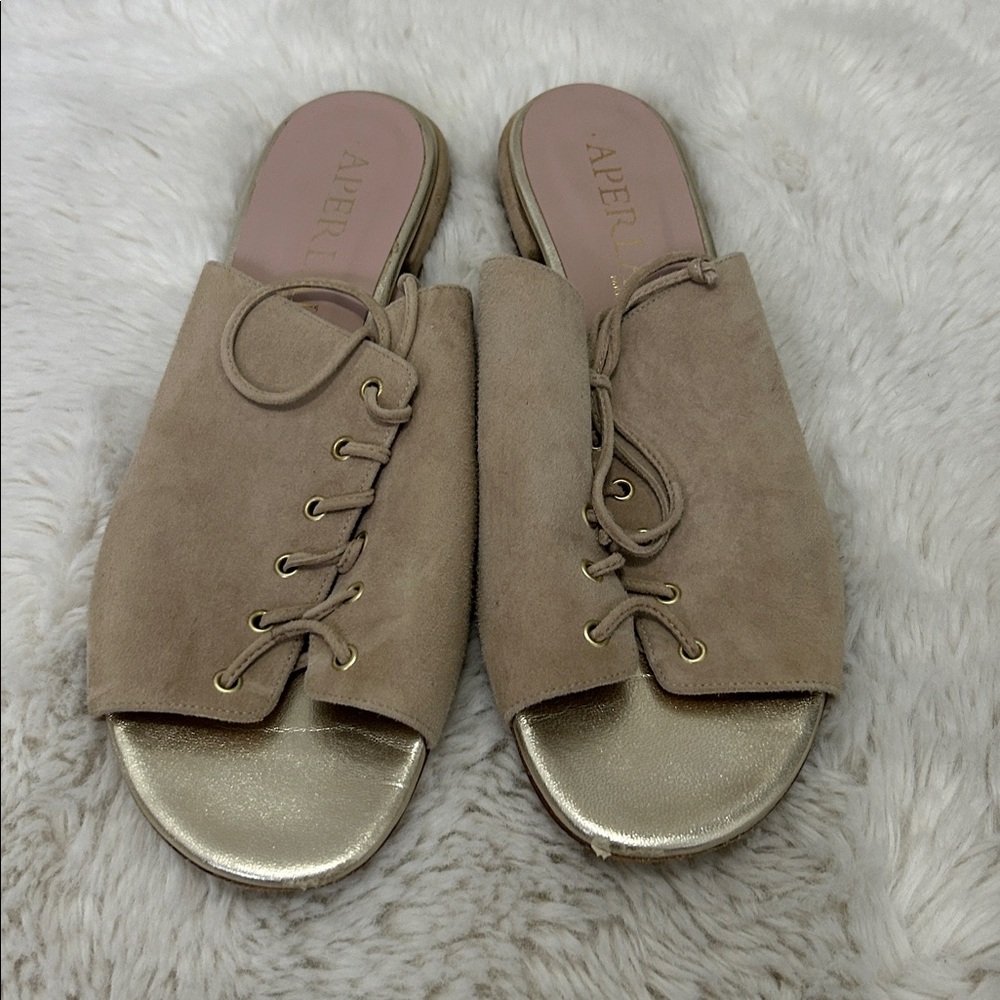 Aperlai Beige Suede Lace Up Open Toe Sandals